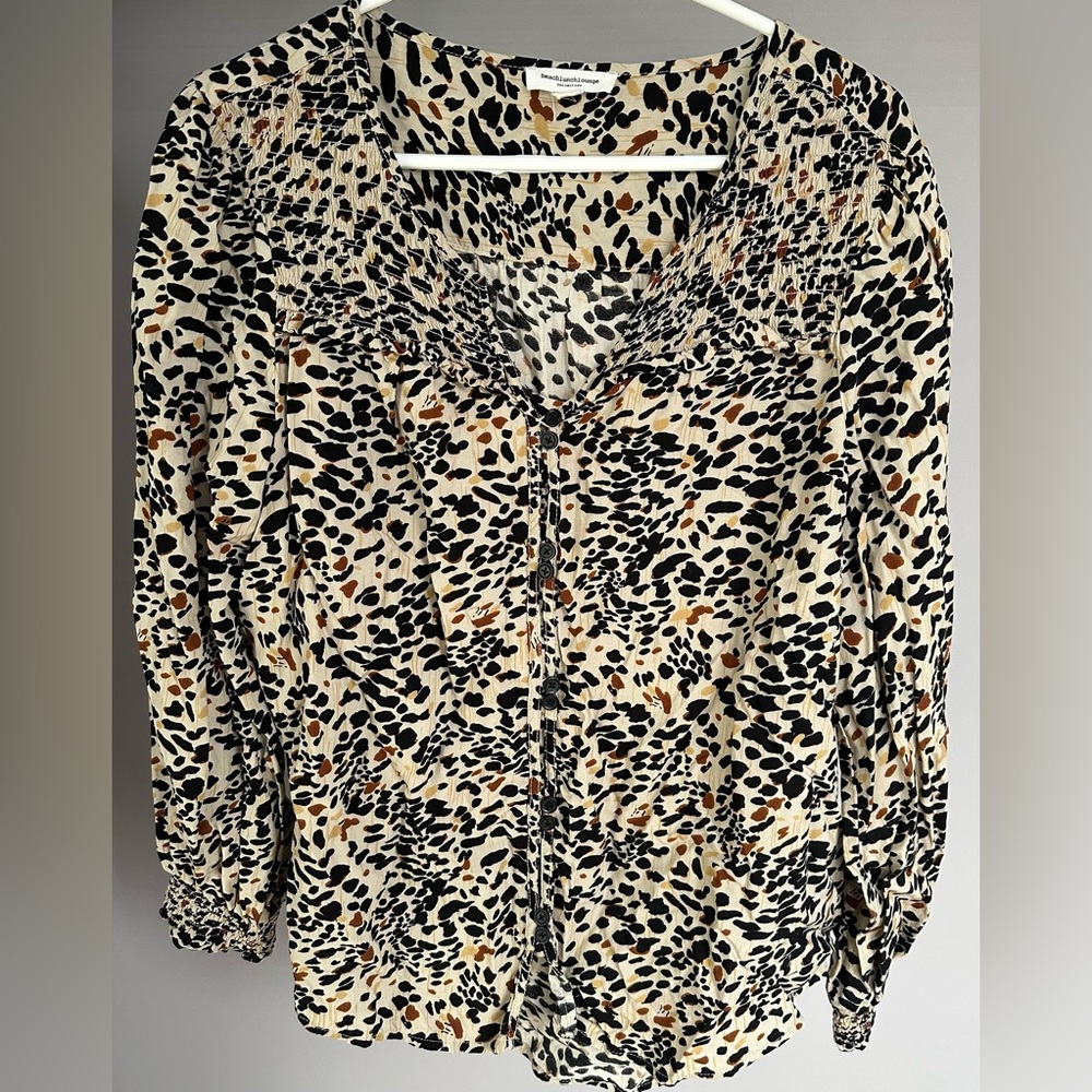 BEACH LUNCH LOUNGE size XL Black & Tan Ruched Long Sleeve Notched Collar Blouse